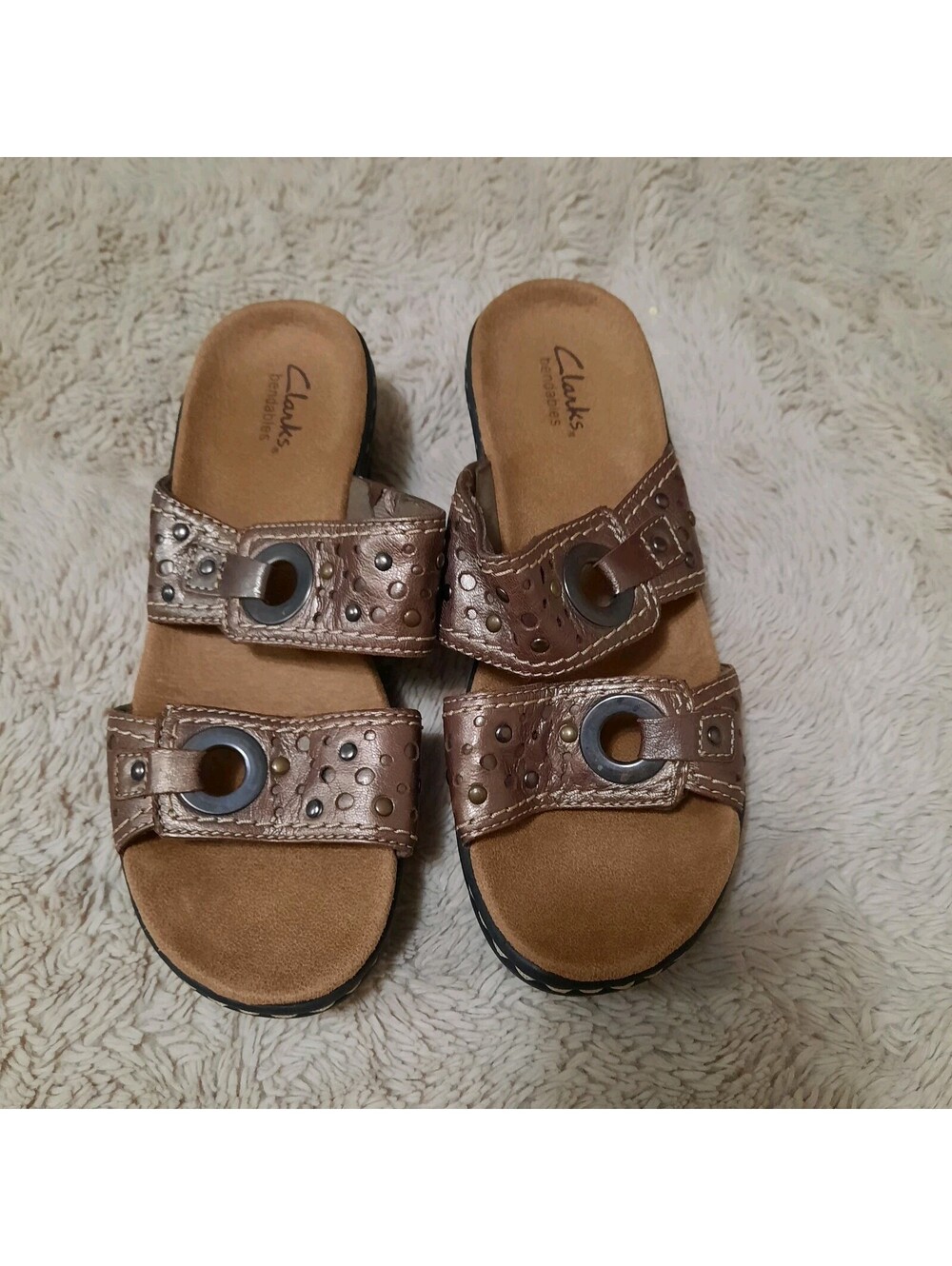 Clarks Bendables Lexi Laurel Gold Pewter Slide Size 6M Leather Sandals